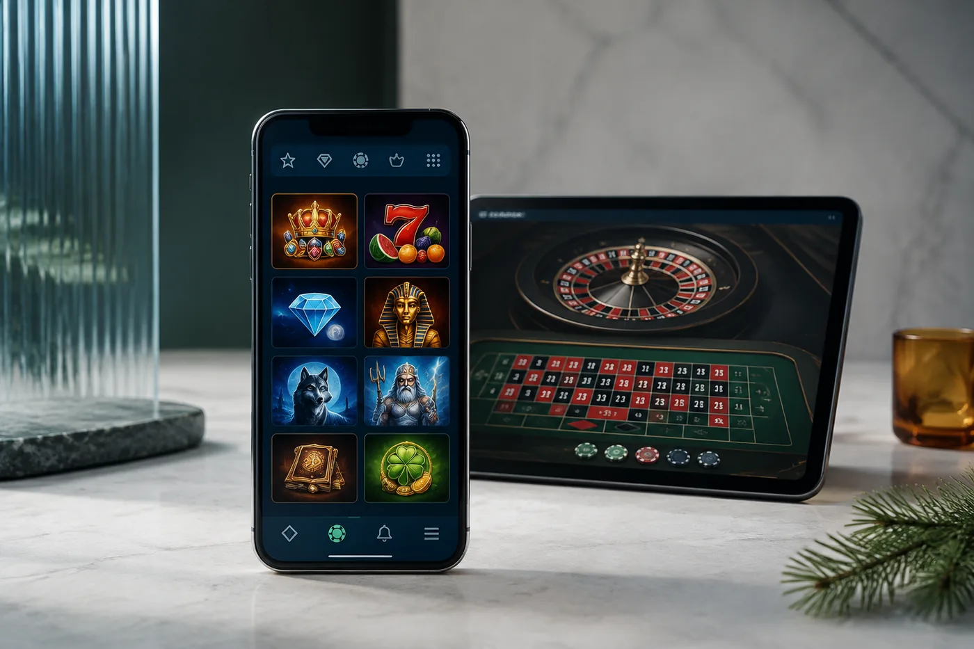 Ponsel dan tablet dengan lobi slot serta meja kasino generik